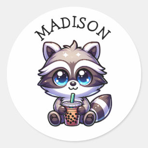 Cute Kawaii Raccoon med Bubble Tea Personlig Runt Klistermärke