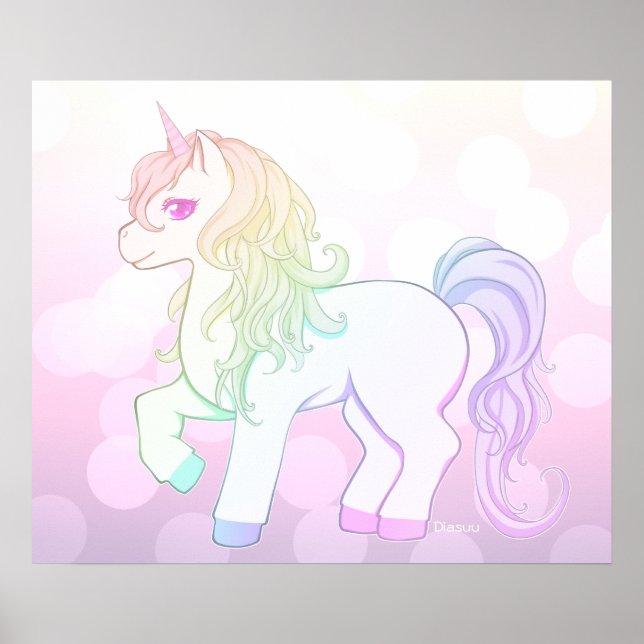 Cute kawaii rainbow färgad unicorn pony poster (Framsidan)