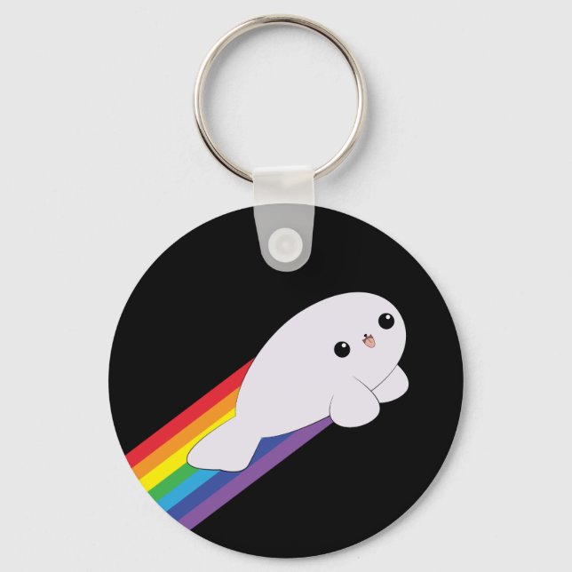 Cute Kawaii Rainbow Rocket Baby Seal Keychain Nyckelring (Framsida)