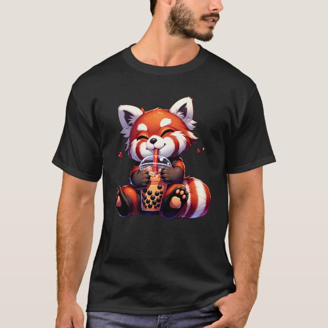Cute Kawaii Red Panda Drink Bubble Tea Mjölk Tea T Shirt (Framsida)