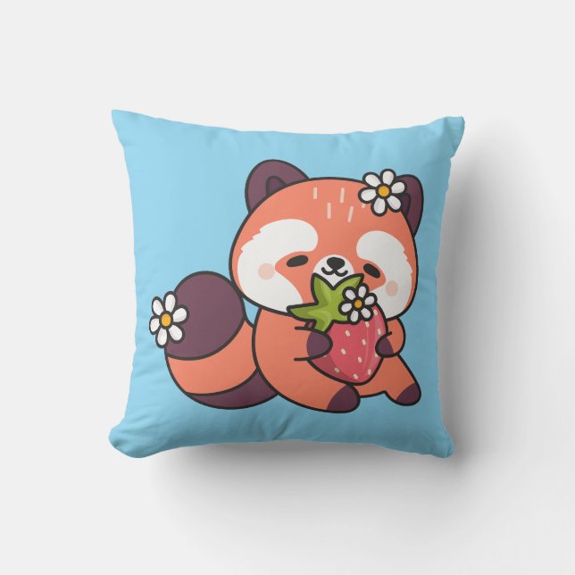 Cute Kawaii Red Panda with Strawberry Kudde (Framsida)
