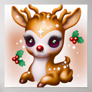 Cute Kawaii Reindeer med Holly och Glitter Poster