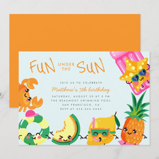Cute Kawaii-Roligten under Sol Barns födelsedag Inbjudningar (Fram/baksida)