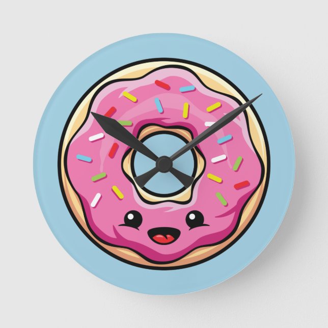 Cute Kawaii Rosa Donut Rund Klocka (Framsida)