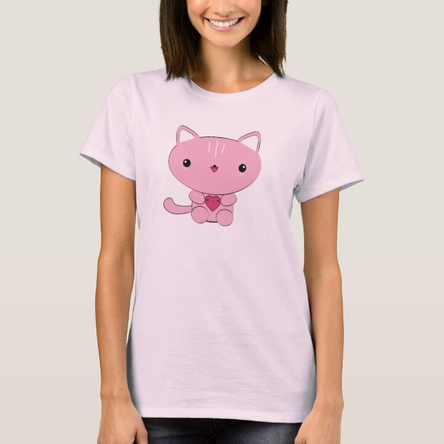 Cute kawaii Rosa Kattunge med Heart Organic T-shir T-shirt (Framsida)