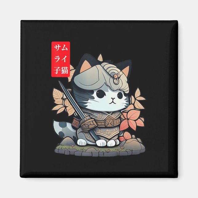 Cute Kawaii Samurai Warrior Kawaii Cat Japanska Magnet (Framsidan)