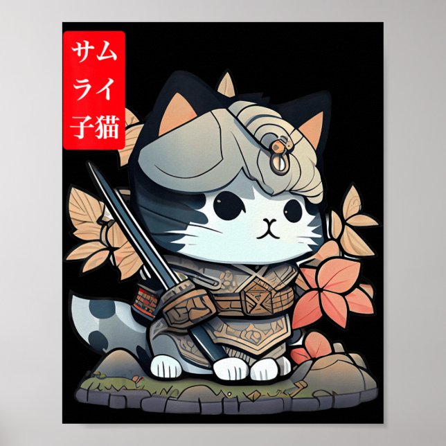 Cute Kawaii Samurai Warrior Kawaii Cat Japanska Poster (Framsidan)