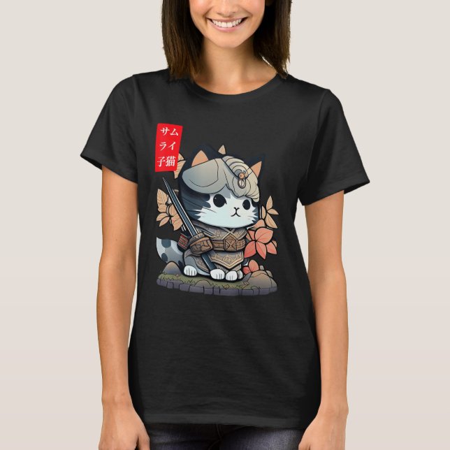 Cute Kawaii Samurai Warrior Kawaii Cat Japanska T Shirt (Framsida)