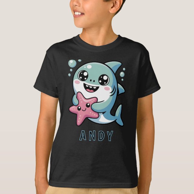 Cute Kawaii Shark och Starfish Ocean Friends T Shirt (Framsida)