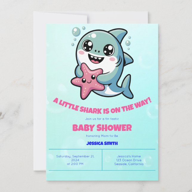 Cute Kawaii Shark & Starfish Baby Shower Inbjudningar (Framsida)