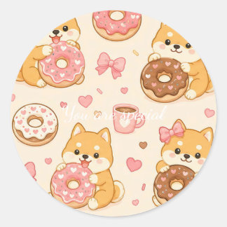 Cute Kawaii Shiba Inu Donut Pattern Runt Klistermärke
