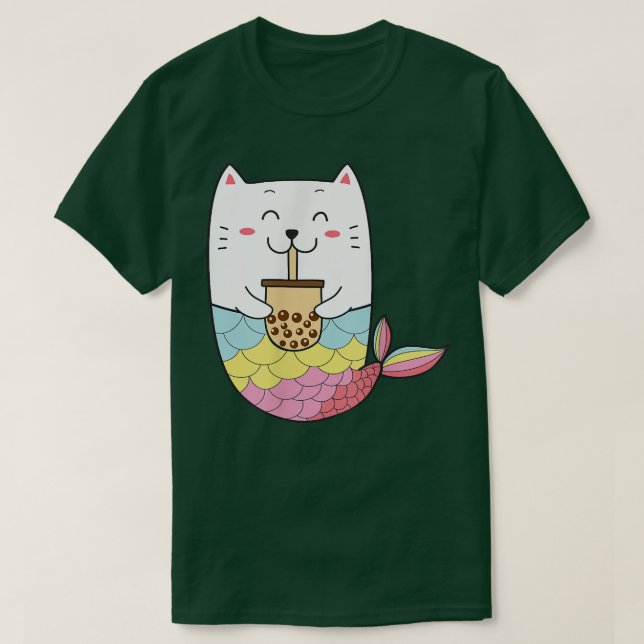 Cute Kawaii Sjöjungfru Cat Boba Bubble Mjölk Tea A T Shirt (Design framsida)