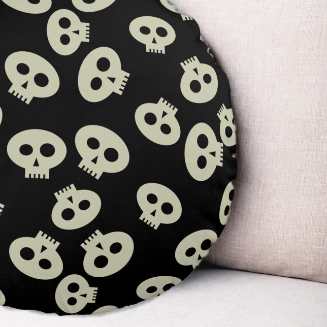 Cute Kawaii Skull Mönster Black Round Pillow Rund Kudde (Cute Halloween skull pattern round pillow just for you)