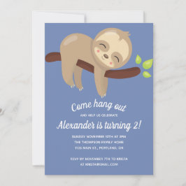 Cute Kawaii Sloth på Träd Illustration Blue Boy Inbjudningar