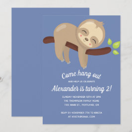 Cute Kawaii Sloth på Träd Illustration Blue Boy Inbjudningar