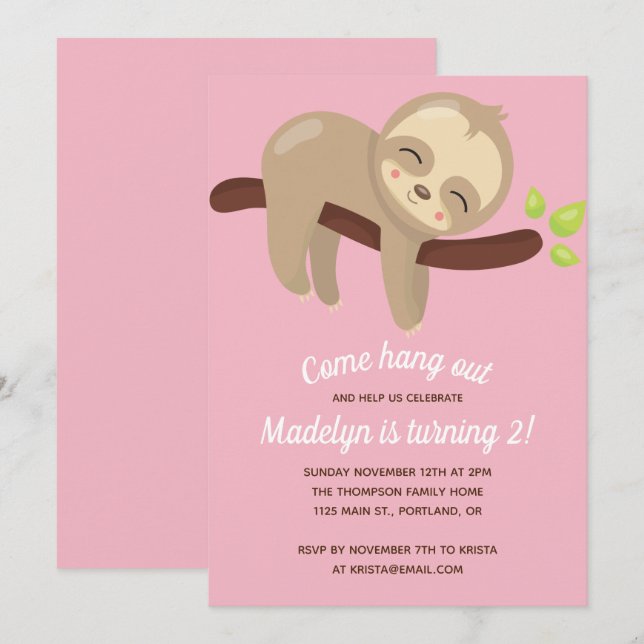 Cute Kawaii Sloth på Träd Rosa Girl Girl Girl Inbjudningar (Fram/baksida)
