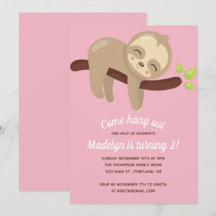 Cute Kawaii Sloth på Träd Rosa Girl Girl Girl Inbjudningar