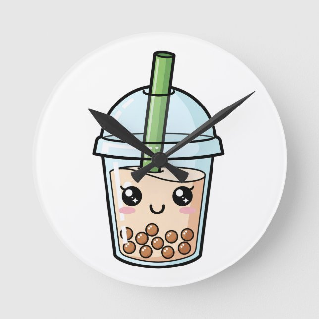 Cute Kawaii Smiling Boba Tea Rund Klocka (Framsida)