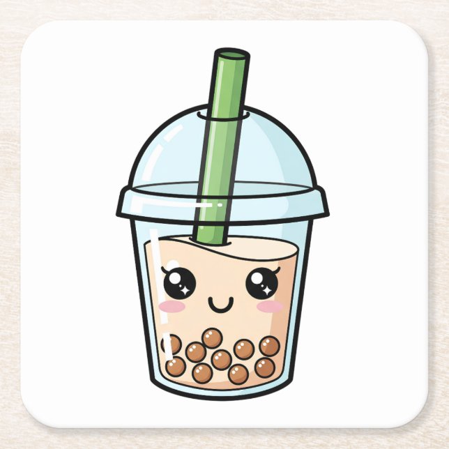 Cute Kawaii Smiling Boba Tea Underlägg Papper Kvadrat (Framsidan)