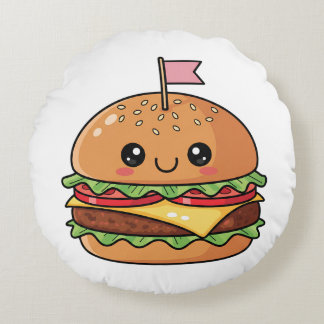 Cute Kawaii Smiling Cheeseburger Illustration Rund Kudde