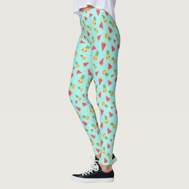 Cute Kawaii Smiling Pineapple & Watermelon Mönster Leggings (Vänster)