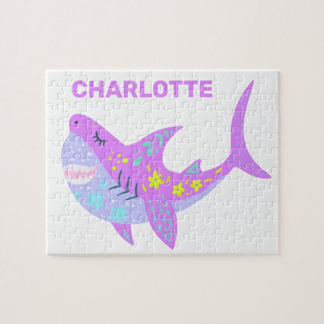 Cute Kawaii Smiling Shark i Lila Personlig Pussel (Horisontell)