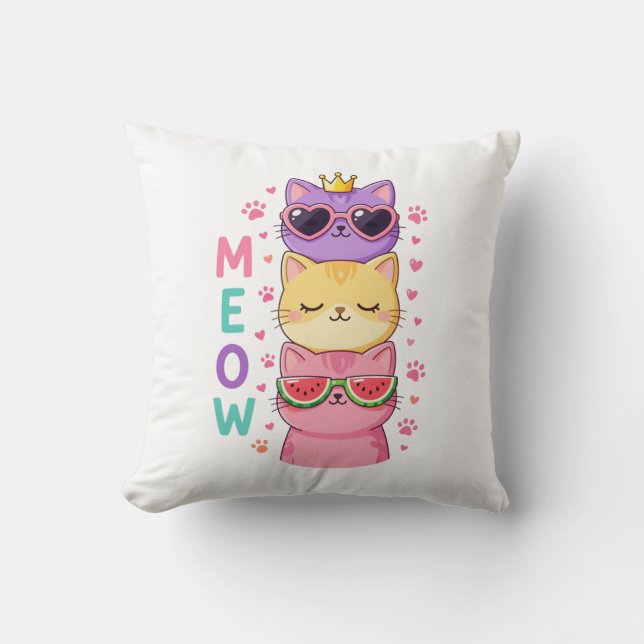 Cute Kawaii Stacked Cats Sunglasses Meow Kudde (Framsida)