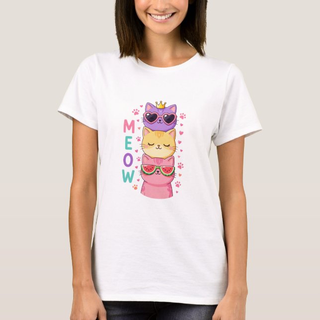 Cute Kawaii Stacked Cats Sunglasses Meow T Shirt (Framsida)