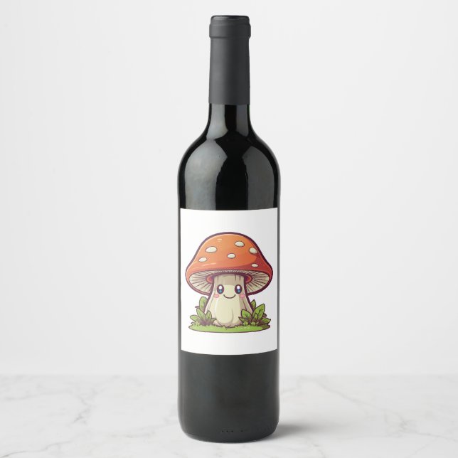 Cute kawaii stil, champinjonfoder vinflaska etikett (Framsida)