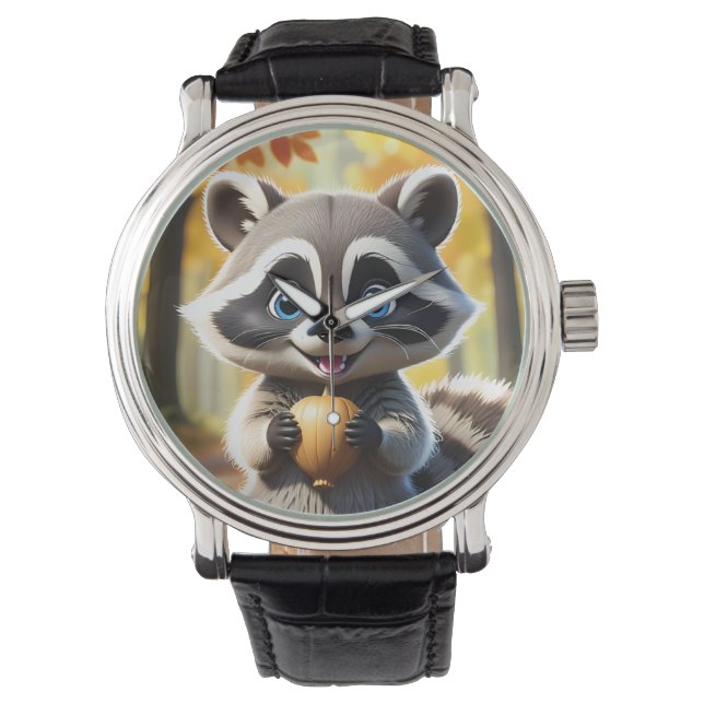 Cute Kawaii stil Racoon som håller ett akorn Armbandsur (Framsida)