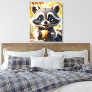 Cute Kawaii stil Racoon som håller ett akorn Canvastryck