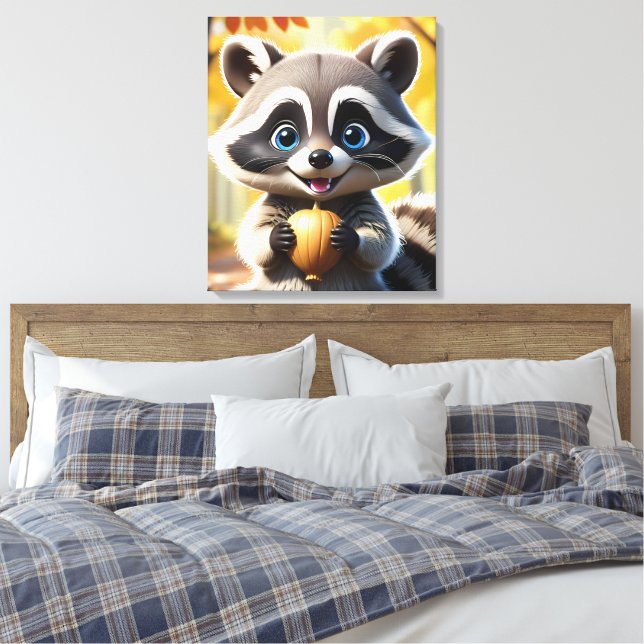 Cute Kawaii stil Racoon som håller ett akorn Canvastryck (Insitu (sovrum))