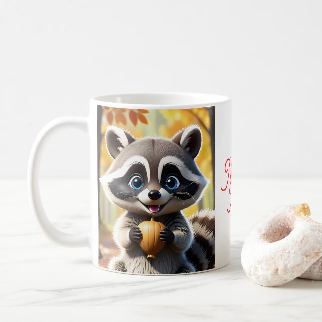 Cute Kawaii stil Racoon som håller ett akorn Kaffemugg (Med munk)