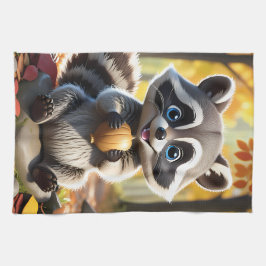 Cute Kawaii stil Racoon som håller ett akorn Kökshandduk
