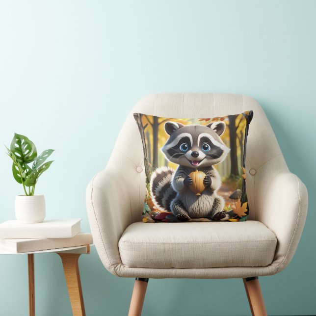 Cute Kawaii stil Racoon som håller ett akorn Kudde (Stol)