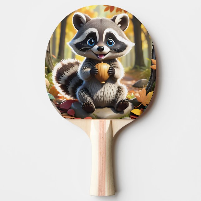 Cute Kawaii stil Racoon som håller ett akorn Pingisracket (Framsidan)