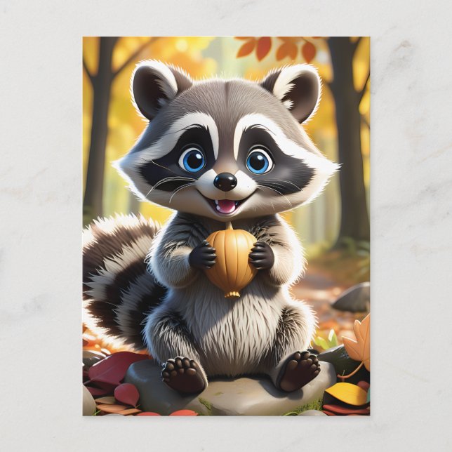 Cute Kawaii stil Racoon som håller ett akorn Vykort (Framsida)