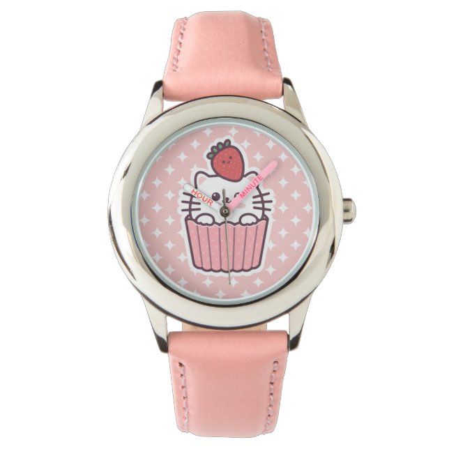 Cute Kawaii Strawberry Cat Cupkaka Tecknad Armbandsur (Framsida)