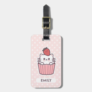 Cute Kawaii Strawberry Cat Cupkaka Tecknad Bagagebricka