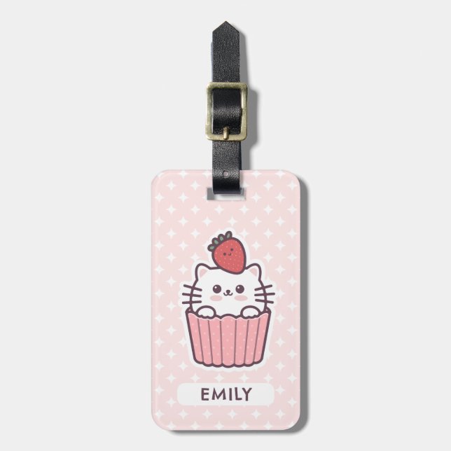 Cute Kawaii Strawberry Cat Cupkaka Tecknad Bagagebricka (Vertikal Framsida)