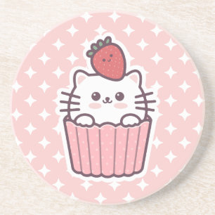 Cute Kawaii Strawberry Cat Cupkaka Tecknad Underlägg