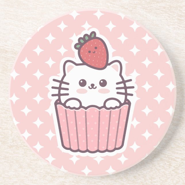 Cute Kawaii Strawberry Cat Cupkaka Tecknad Underlägg (Framsidan)