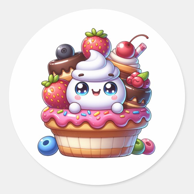 Cute Kawaii Strawberry Cupkaka Runt Klistermärke (Framsida)