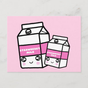 Cute Kawaii Strawberry Mjölk Sweet Dairy Foodie Vykort