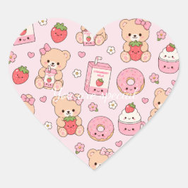 Cute Kawaii Strawberry Teddy Bear Pattern | Pink  Hjärtformat Klistermärke