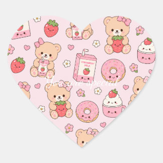 Cute Kawaii Strawberry Teddy Bear Pattern | Pink Hjärtformat Klistermärke