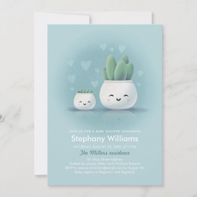 Cute Kawaii Succulent Boy Blue Shower-inbjudan Inbjudningar (Framsida)