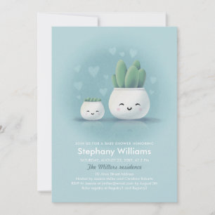 Cute Kawaii Succulent Boy Blue Shower-inbjudan Inbjudningar