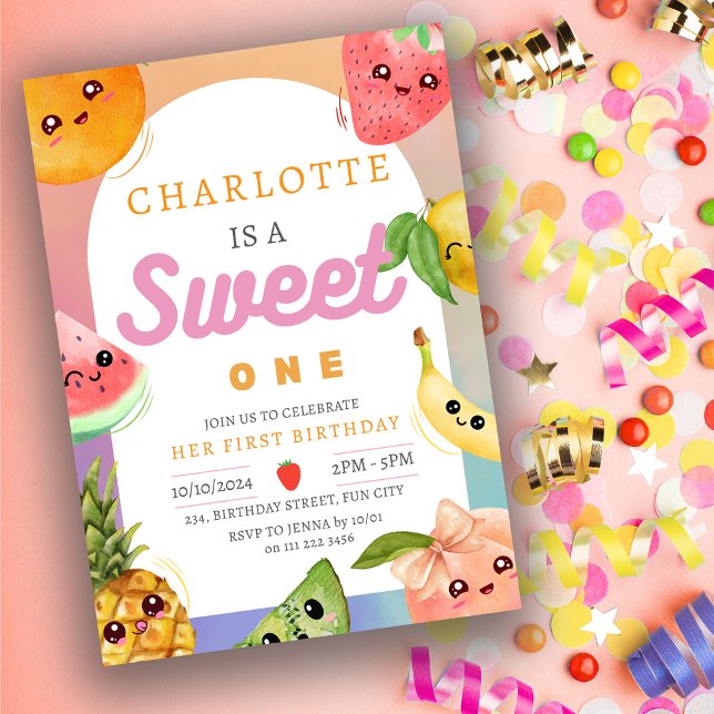 Cute Kawaii Summer Fruit 1st First Birthday Girl Inbjudningar (Cute Kawaii Summer Fruit 1st First Birthday Girl Invitation)