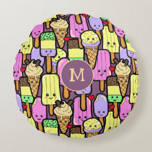Cute Kawaii Summer Popsicles Monogram Rund Kudde